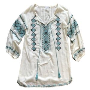 Star Mela Embroidered Mini Dress Womens Small Cream Blue Tassel Long Sleeve Boho
